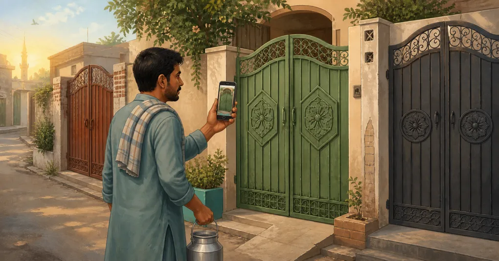 Milk delivery worker matching a gate photo on his phone to the correct house