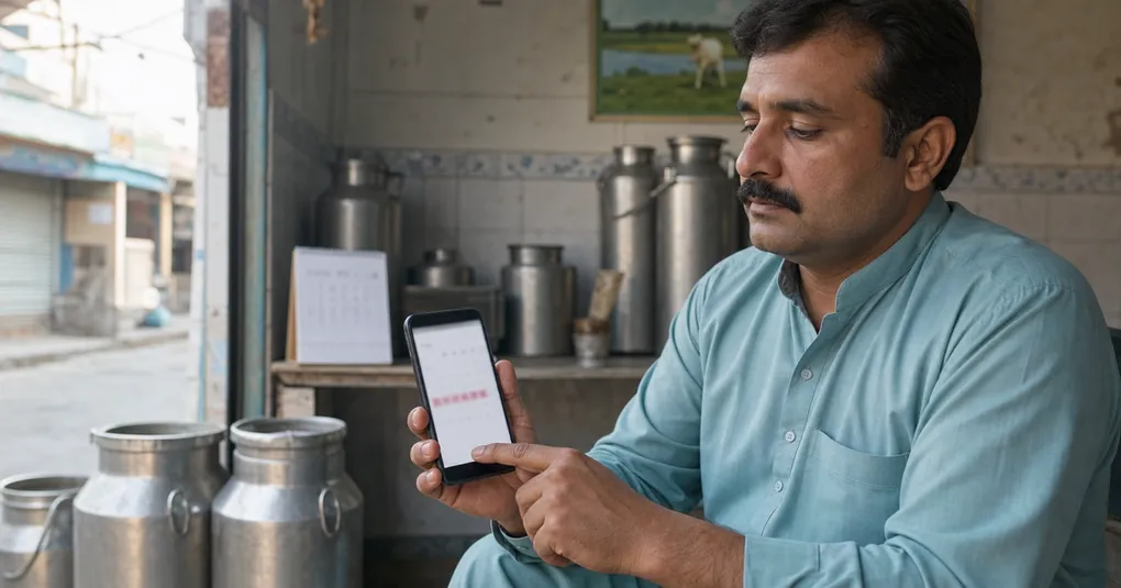 Pakistani dairy-shop owner recording a temporary milk delivery pause on his phone