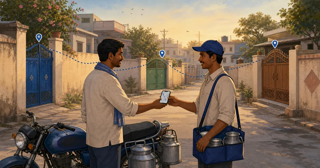 Two milk delivery workers transfer a phone route between three distinct neighborhood gates