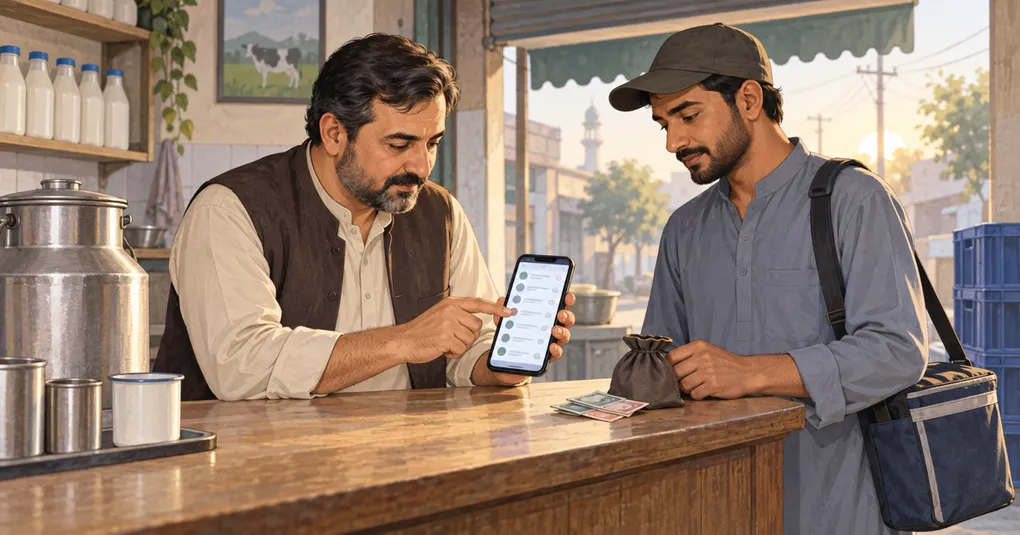 Dairy-shop owner reviews customer balances on a phone while a delivery worker returns a payment pouch