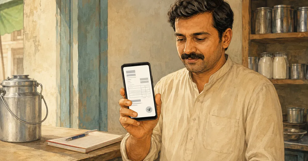 Pakistani dairy-shop owner reviewing a milk bill on his phone before sharing it
