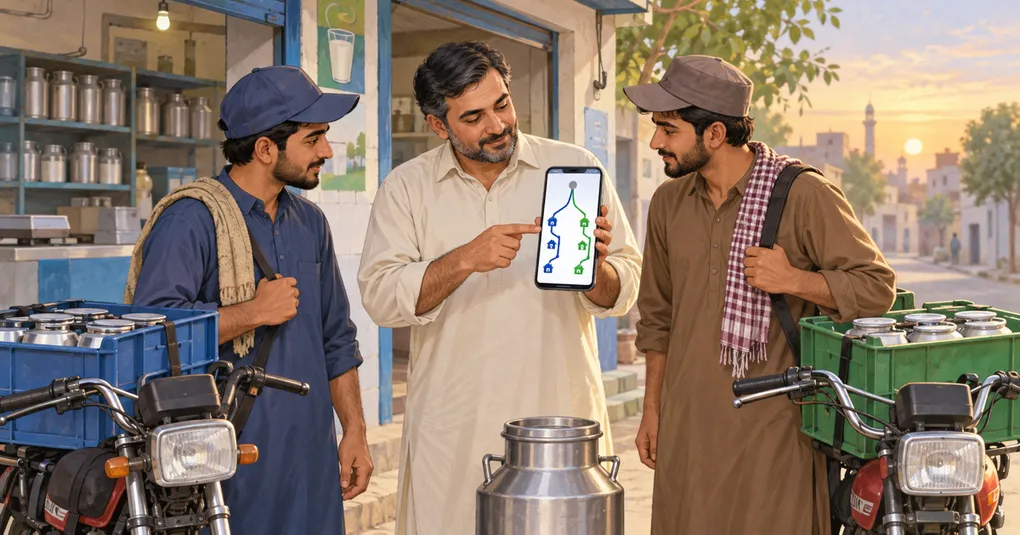 Dairy-shop owner divides one milk delivery route between two workers on a phone