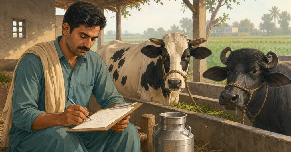 Small dairy owner reviewing daily farm records beside cattle and buffalo
