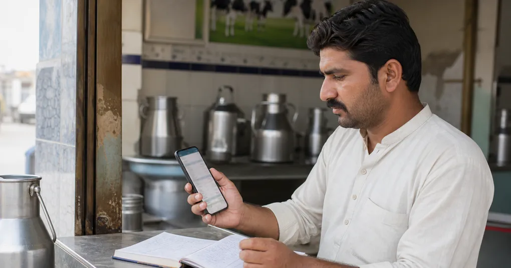 Pakistani dairy-shop owner checking a monthly milk bill on his phone