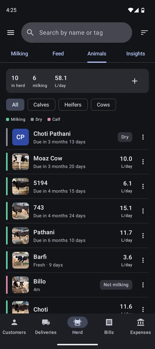 Herd list with milk yield per animal
