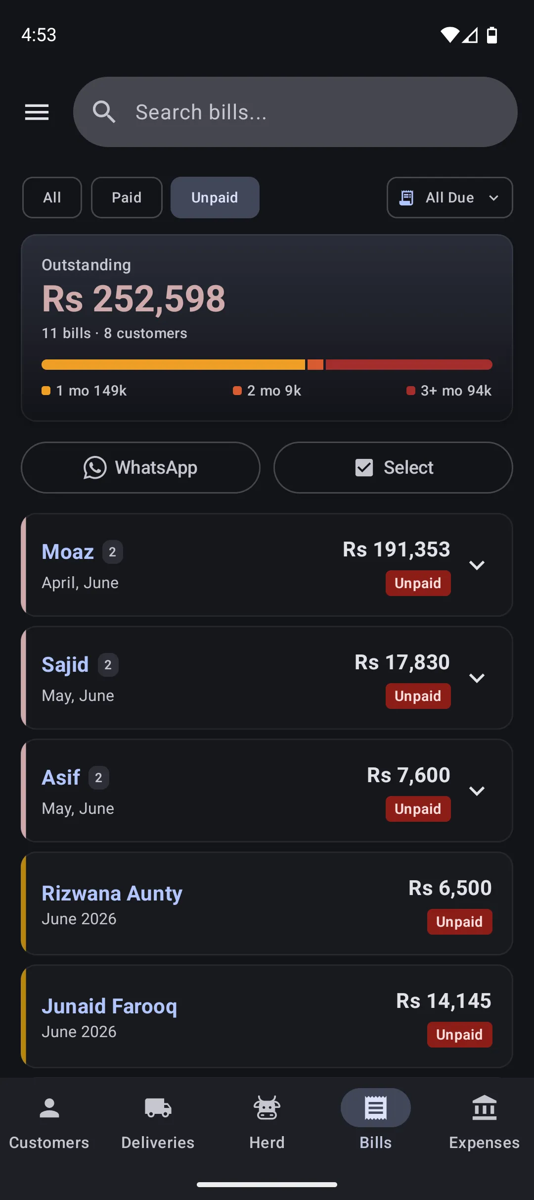 Monthly bills with outstanding balances