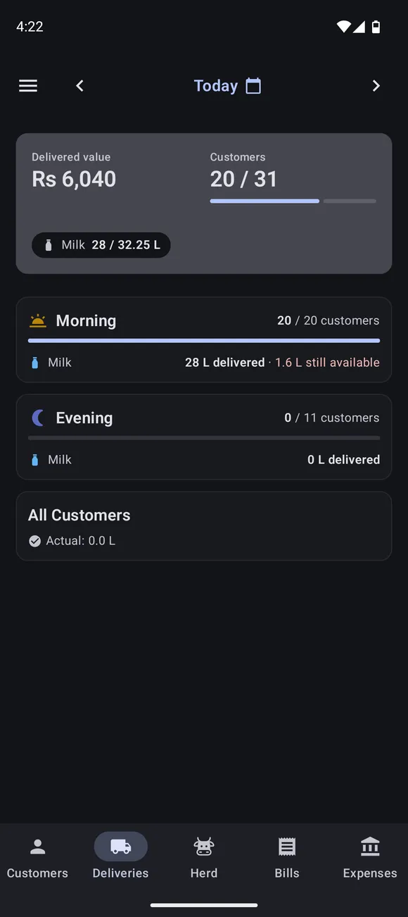 DairyTrack delivery round screen