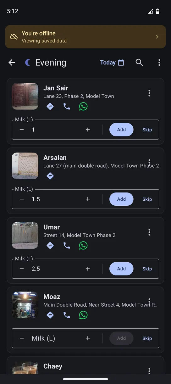 Delivery round showing a house photo, address and directions for each customer